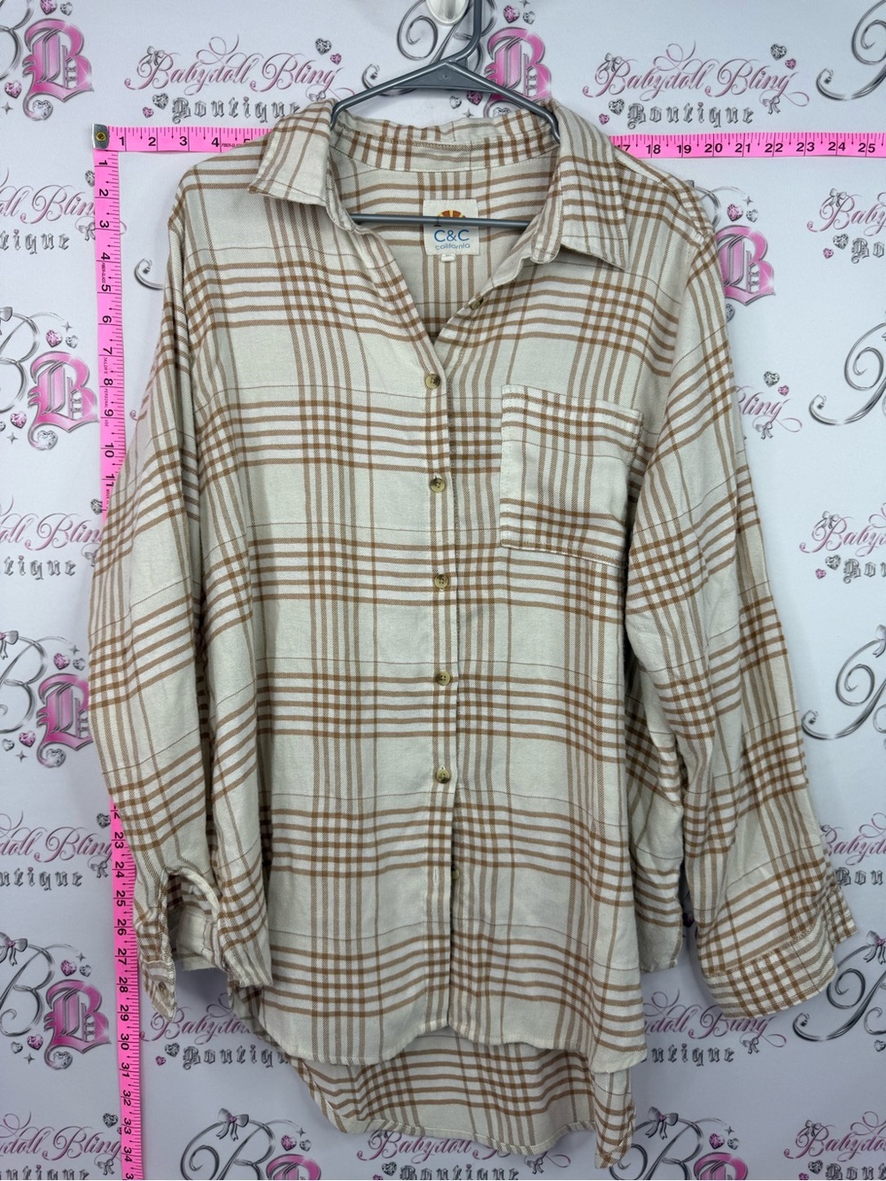 C&C California Cream and Tan Plaid Button-Down Shirt